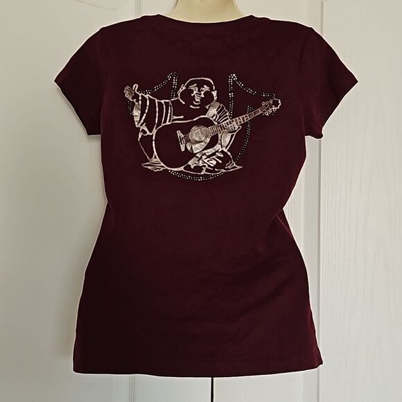 True Religion Women's Rhinestones Short Sleeves T-Shirt XS Burgundy - Picture 4 of 16